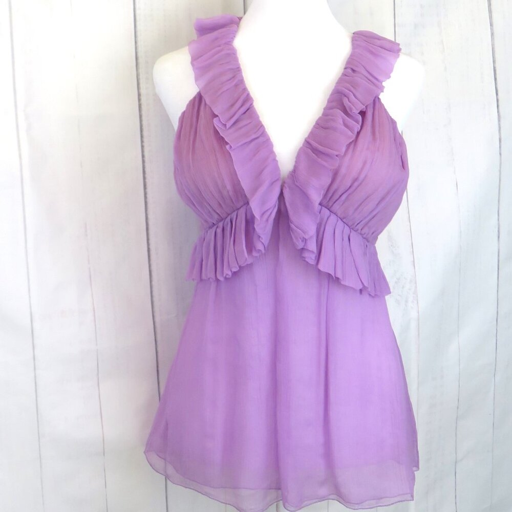 Lavender Silk Lilac Purple Ruffled Pleated Sleeveless Summer Top Blouse...126